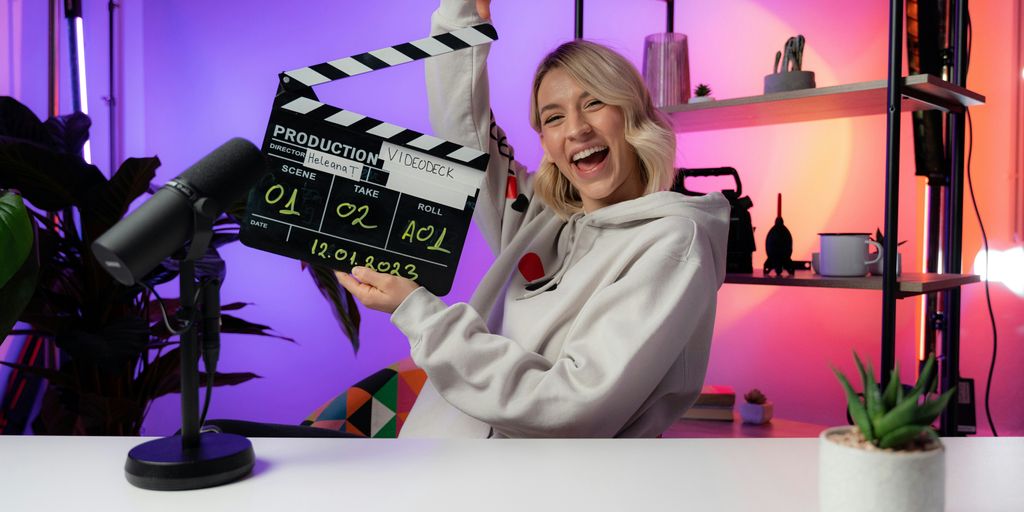 a woman holding a clapper in front of a camera